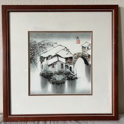 Chinese Ink Wash Style Snowy Village Bridge Painting – 15x15 Framed