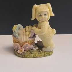 VINTAGE Snow Bunnies 3 " Rabbit Bunny Pushing Baby Carriage On Green Grass