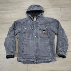 Vintage Carhartt Faded Black Hooded Work Wear Jacket Sharpa Lined Distressed Men Small 
