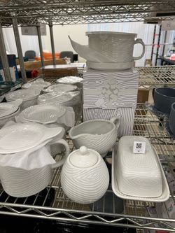 Ceramic Tableware Set - White Woodland Texture - Multiple Pieces - Used - Good