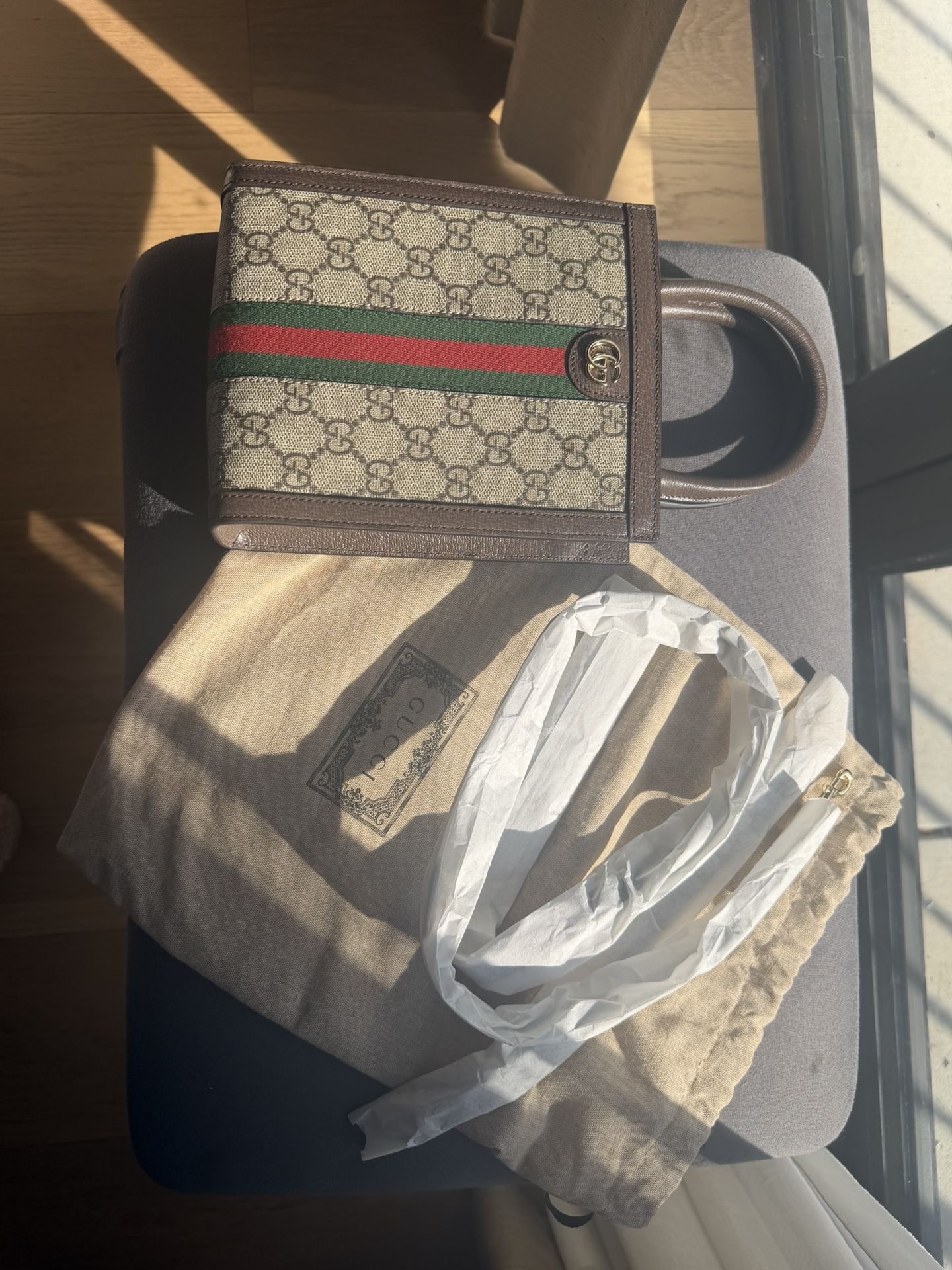 GG Supreme Monogram Textured Dollar Calfskin Web Super Mini Ophidia Mini Tote Bag Beige Ebony New Acero