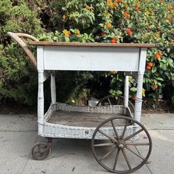 Vintage Wicker & Wood Rolling Tea Cart 