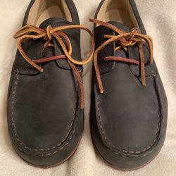 Olukai Black Leather Suede Boat Shoes