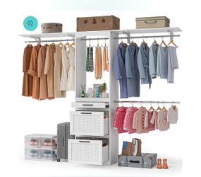 Closet System with Drawers - 8FT Walk in Closets Organizer with Jewelry Box, 96" Wooden Storage Systems with 3 Hanging Pods, Built-in Garment Rack for