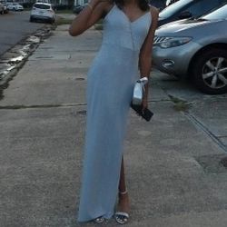 Long Blue With Glitter Homecoming Dress 