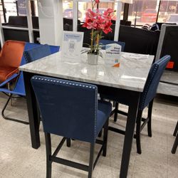 5 Pcs Counter Height Table Set Blue Velvet Chairs NEW