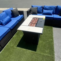 Navy Blue Outdoor Patio Furniture Set With Fire Pit Table 