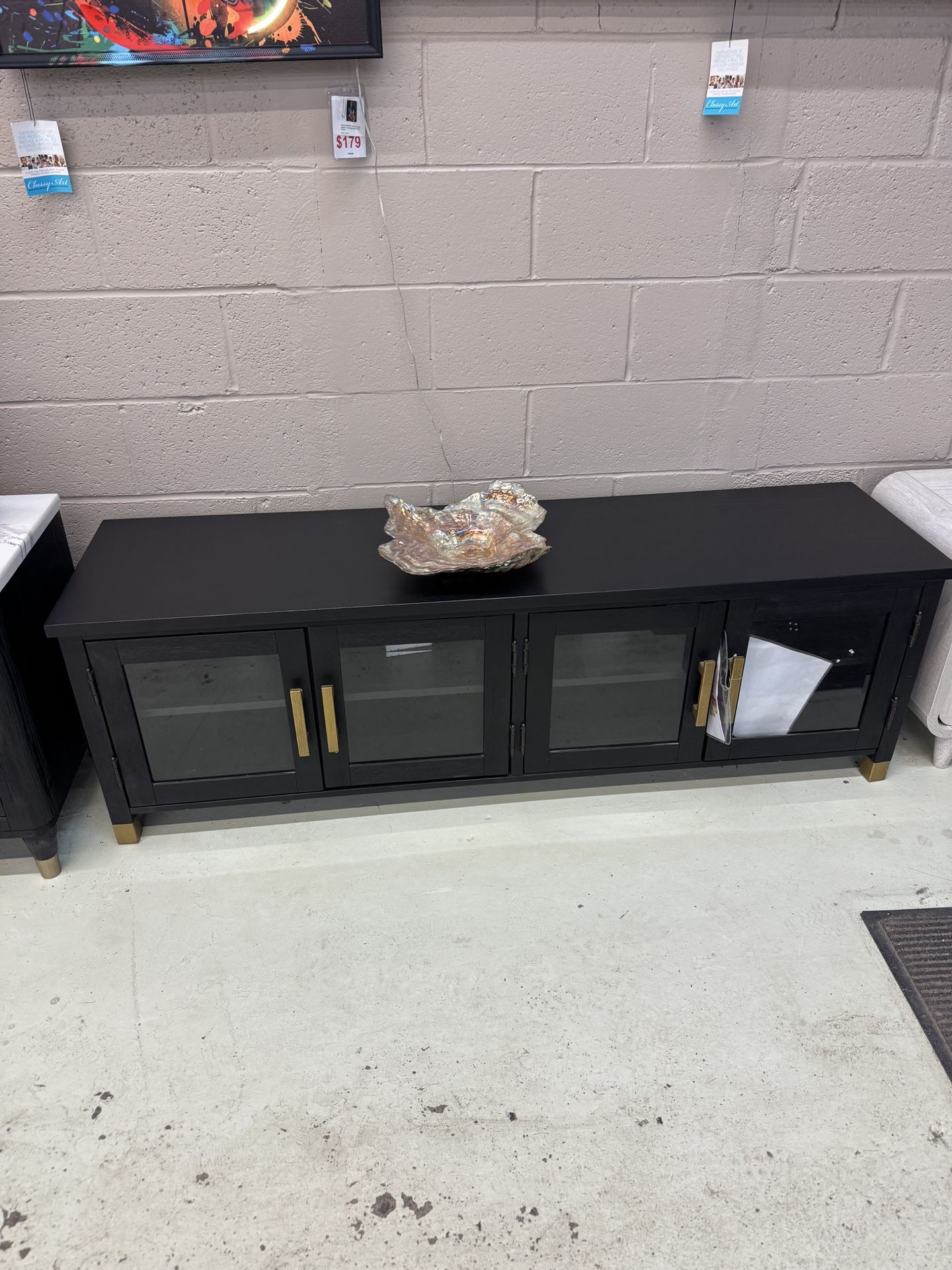 64 Inch Black Tv Console With Gold Accents