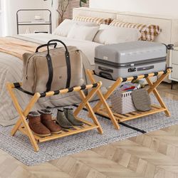 Pack of 2  Folding Suitcase Stand with Storage Shelf