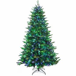 8 Ft Pre-lit Artificial Hinged Christmas Tree with Remote Control/ APP Controlled LED Lights