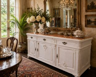 Large Antique  French Provincial Marble-Top Sideboard / Buffet — Beautifully Imperfect & Versatile
