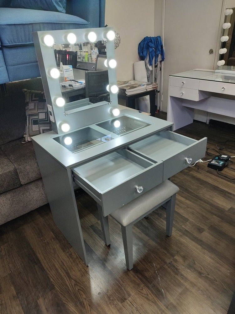 Brand New Vanity 2 Drawers W/ Stool & Hollywood Mirror USB & Power OUTLET $349