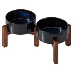 Havniva Ceramic Dog Bowls with Acacia Wood Stand – Starry Sky 27 oz Set of 2