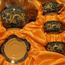 Blue Dragon Fine Porcelain Teapot, Cups And Saucers Set  New In Box 
