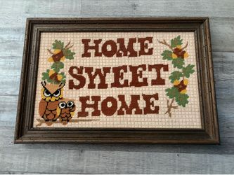 Vintage framed, Crosstitch owl family - Home sweet home