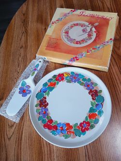 Vintage Floral Ceramic Cake Serving Tray With Server