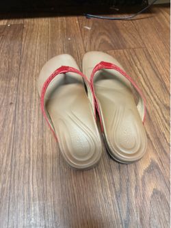 Aetrex Women's Beige Red Leather Thong Slip On Sandals Cushioned Comfort 8