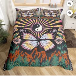 Erosebridal Boho Butterfly Bedding Set Twin Hippie Yin and Yang Bedding Comforter Sets Rainbow Geometric Striped Duvet Insert Bohemian Swirl Spiral Qu