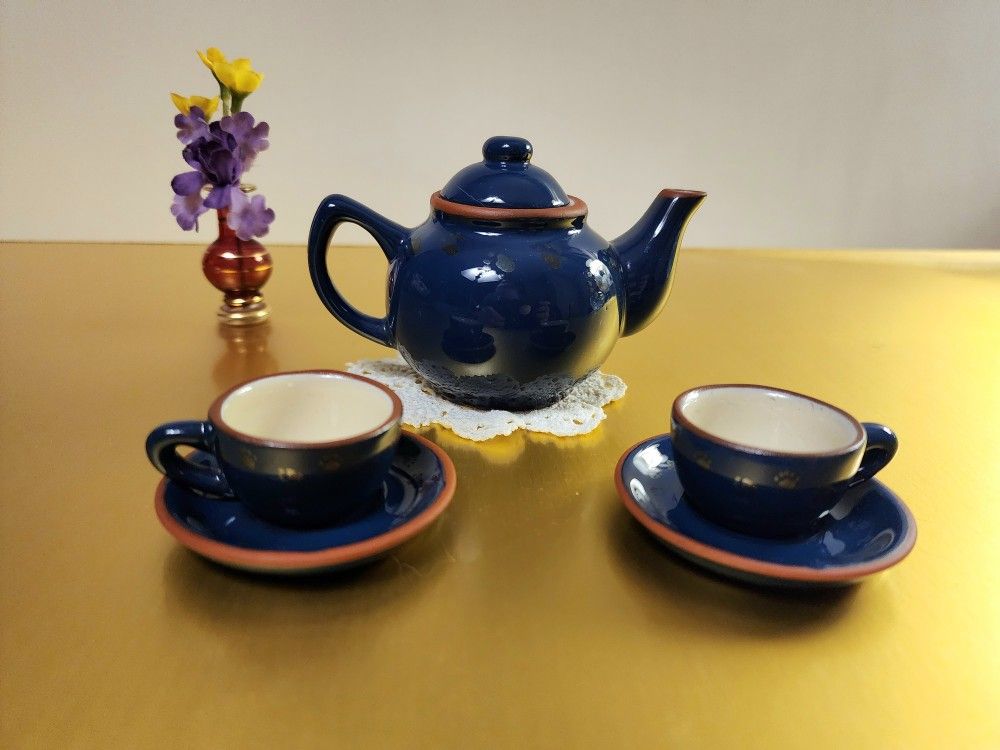 Bearware Potteryworks Boyds Bears & Friends Mini Tea Set 1999 Cobalt Blue 6-pc