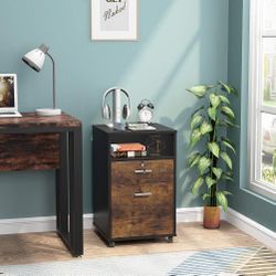 SALE! New Rustic Brown Black 2-Drawer File Cabinet Mobile Printer Stand with Lock