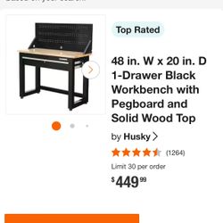 48 in. W x 20 in. D 1-Drawer Black Workbench with Pegboard and Solid Wood Top