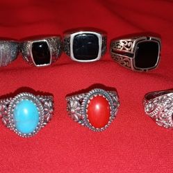 Silver Rings Onyx Coral Turquoises Seize 8 10 12 