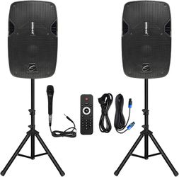 EX-10A 10 inch Professional Dual Powered PA Speakers, 2-Way Active&Passive Loudspeakers, PA System Combo Set with Microphone/Tripods/Remote Control/Bl