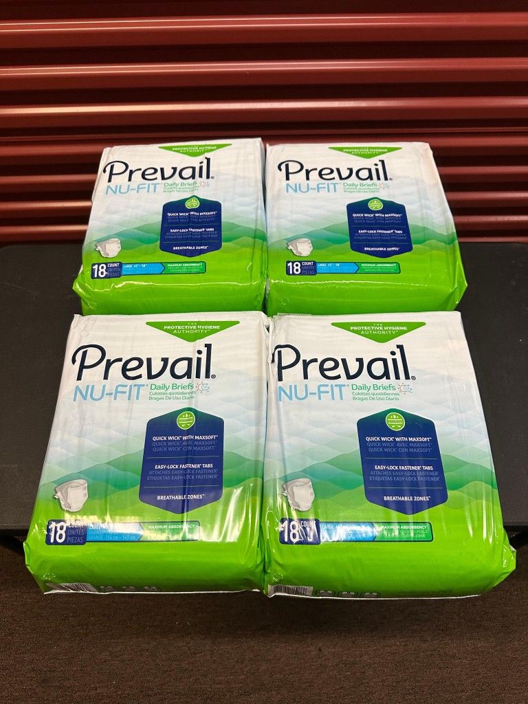 PREVAIL NU-FIT LARGE 45”-58”  DAILY BRIEFS 18 COUNT PACK OF 4 A1