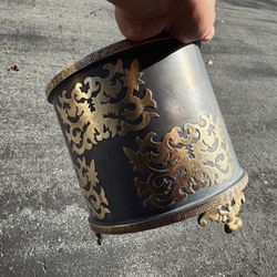 Vintage pewter vessel with brass inlay decoration