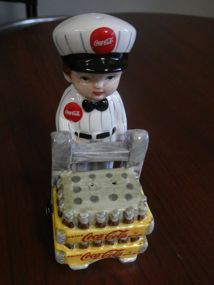 Vintage 2 Coca Cola Items One Delivery Man With Cart & One Gas Pump Both Salt & Pepper Shakers New