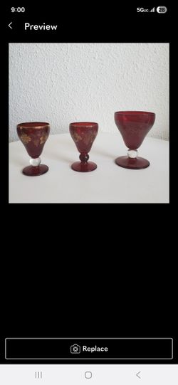 MC Set of 3 Ruby Glass Gold Bunch of Grapes Engraved  Wine Shots Small Goblets 
