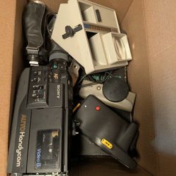 Box Of Vintage Cameras & Gear