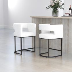 Set Of 2 - Beige Teddy Upholstered Counter Height Stools with Curved Backrest, Barrel Sherpa Fabric Bar Chairs with Metal Frame [NEW] **Assembly Req**