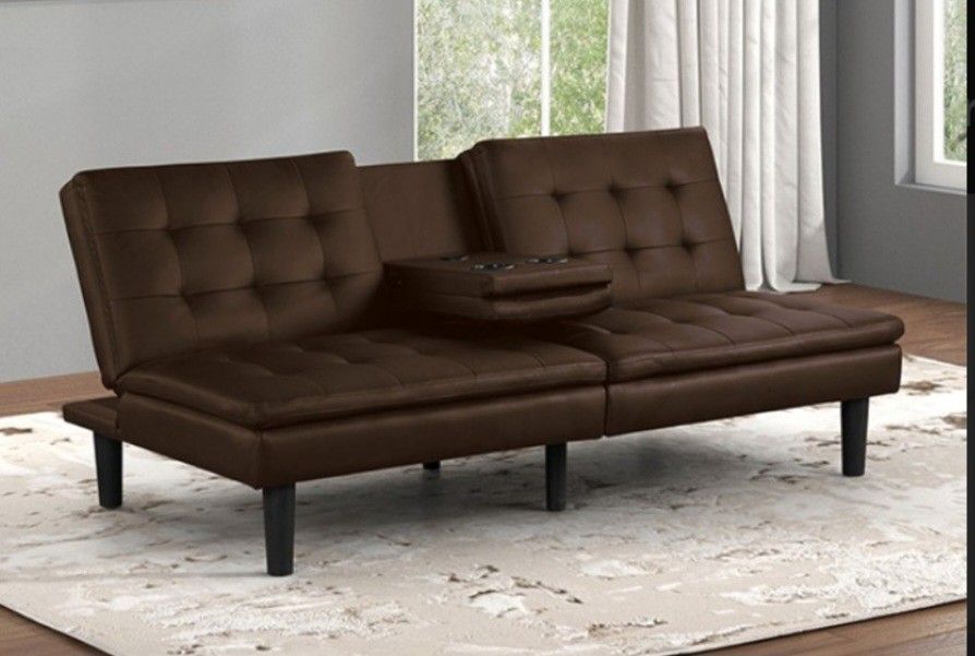 Brand New Brown Leather Futon Sofa Sleeper
