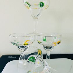 Vintage Set of 4 Hand Blown Margarita Glasses adorned with Lemons and Limes 1980’s | Home Decor | Glassware |