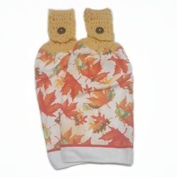 Oven Door Towels-Autumn Leaves-Light Gold Crochet Top With Black Buttons-Kitchen Towels Set of 2
