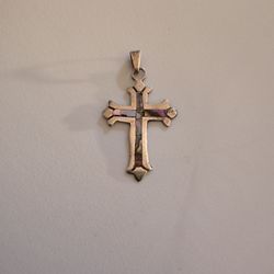 Vintage Silver Cross Pendant With Abalone Shell Inlay