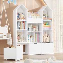 Toy Storage Organizer with Castle Roof, Large Kids Bookshelf Dollhouse with 3 Movable Drawers and 9 Storage Cubbies, Toy Organizers with 3-T