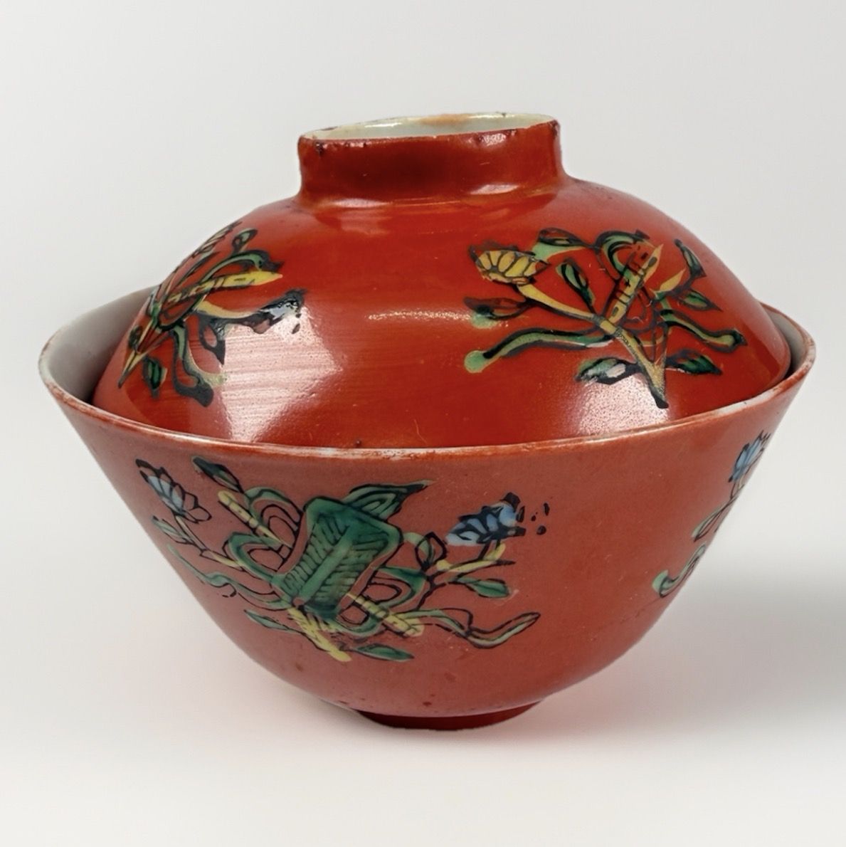 Antique Chinese Coral Hand Painted Porcelain Rice Bowl Dish Qing Dynasty Export