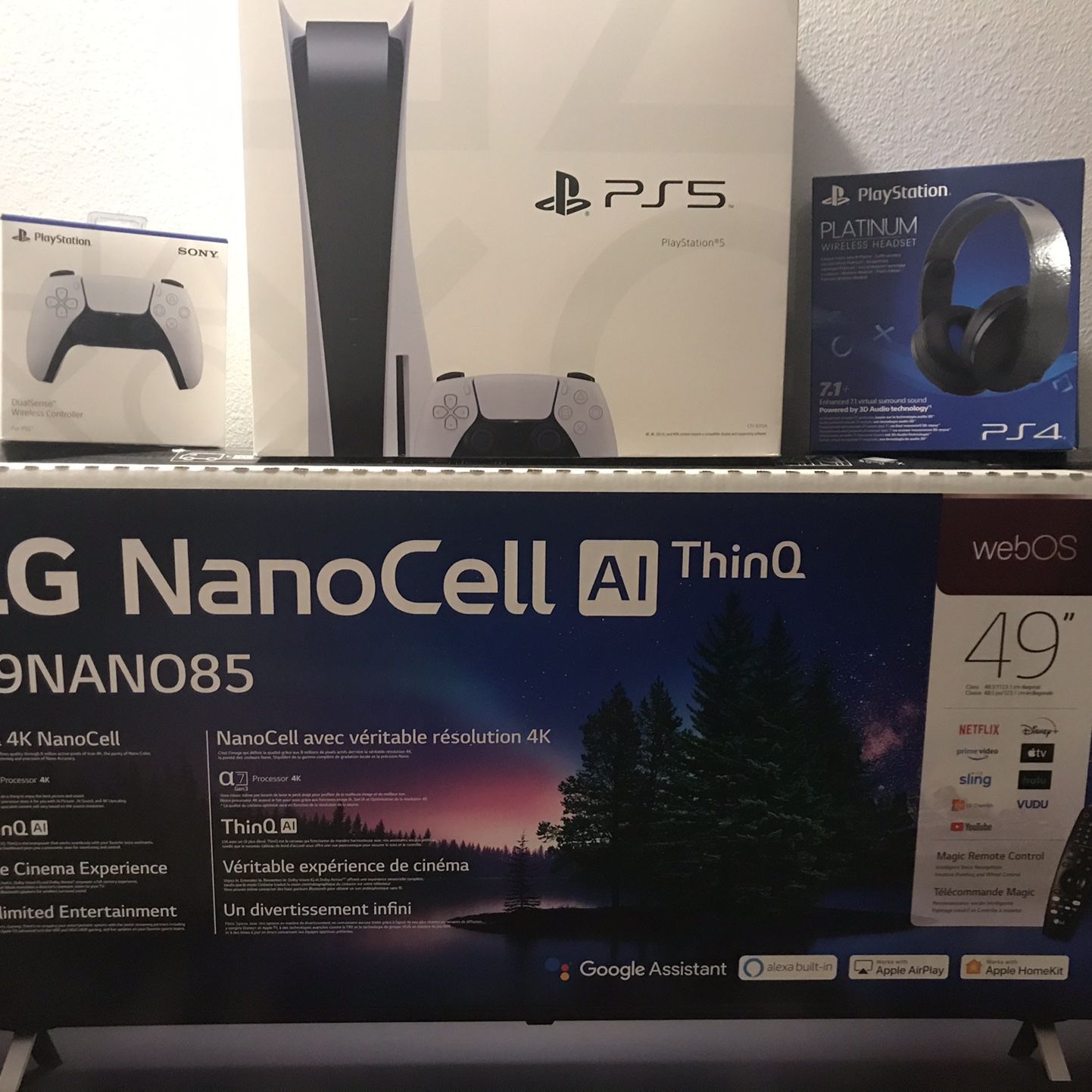 Brand New Playstation 5 with the LG49 2.1 HDMI NanoCell Real 4K. Platinum Headset & extra controller