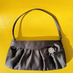 Satin Black Clutch- Accents: Bow, Rhinestone Brooch Center, Embellished 