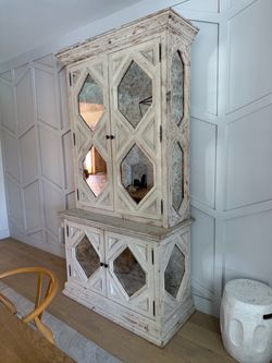 Stunning Oversized Distressed Wood Mirrored Cabinet / European Farmhouse Hutch