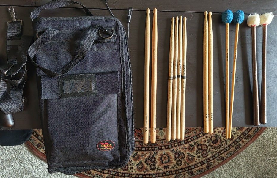 Percussion Stick Bag and Assorted Sticks