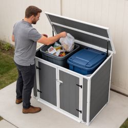 Horizontal Outdoor Storage Shed with Ramp & Hydraulic Lid, Lockable Waterproof Storage Cabinet for Trash Cans, Tools & Firewood