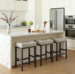 Set of 3. 24 Inch Metal Saddle Upholstered Counter Barstools