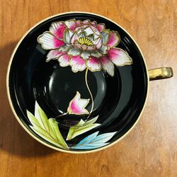 Vintage Hand Painted glossy white and black 3 footed china tea cup with pink flower and gold 