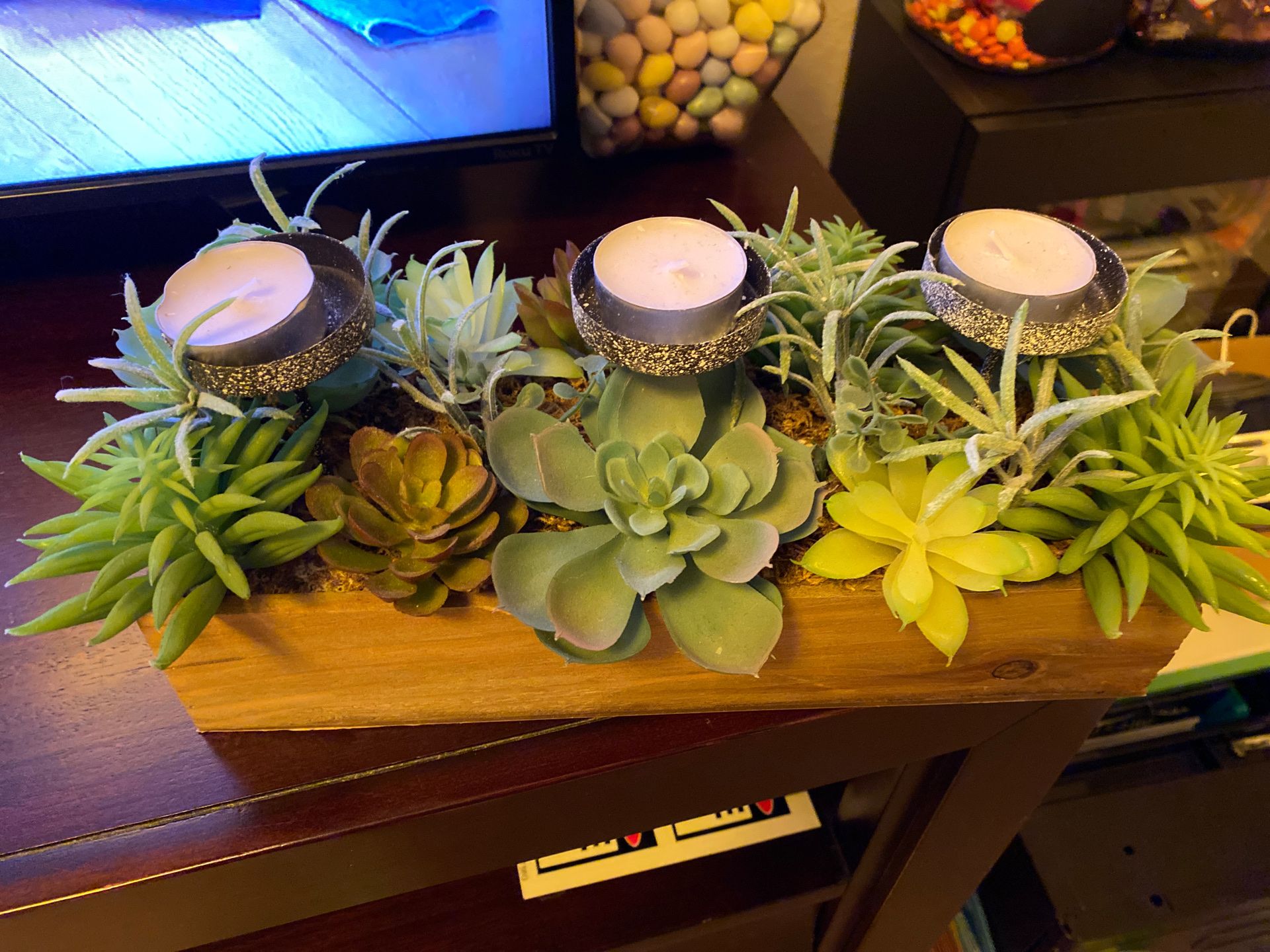 Succulent arrangement (fake plants) candle holder