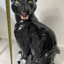 Vintage 22” Tall Mid-Century Modern Italian-style ceramic glazed black panther sculpture. Jupiter 