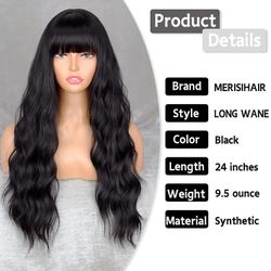 Merishair Brand Black Wavy Bang Wig 24 Inches