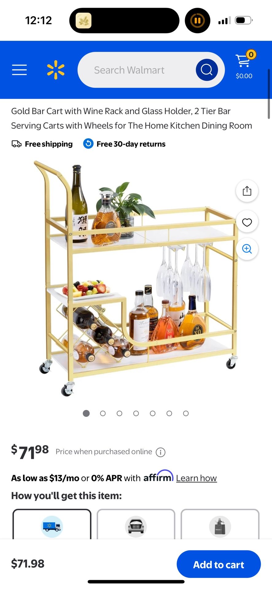 26.9” long x 33.4” tall Gold Bar Cart w/ Wine Rack & Glass Holder